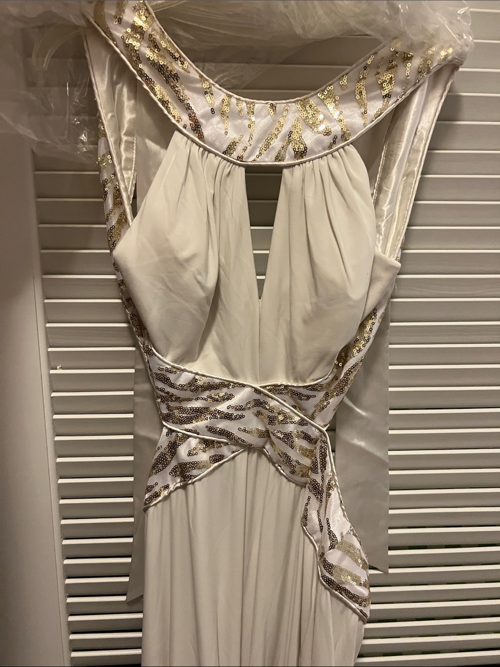 Camille La Vie Ivory and Gold Sequin Prom Dress